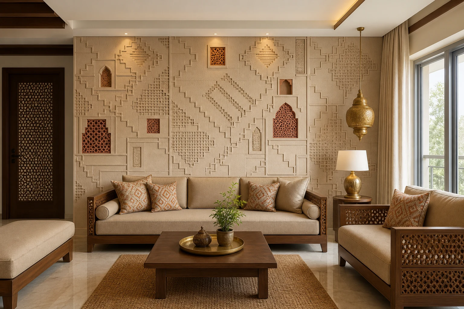 Gujarat inspired 3D wallpaper for living room interiors in Ahmedabad